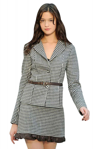 With cute ruffles on the hem, these plaid suit skirts are ideal formal wears for fashionable girls. They exhibit concealed back zipper aligned with a center vent. The suit blazers, with a square bottom, have an impressive front dart between the shoulder seam and hem. Pressed notch lapels and surgeons sleeves give these stunner line silhouette jackets with three front buttons, a classy finish.