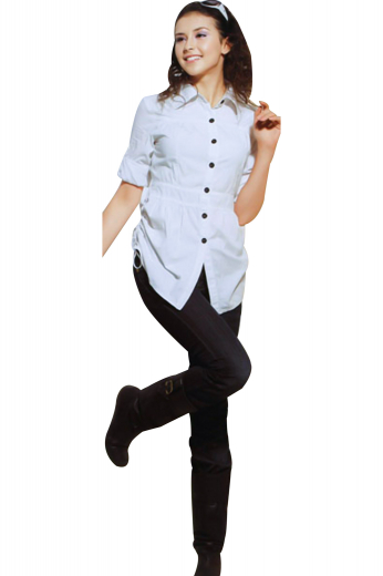 Handsewn trendy summer shirts with a string tie vent and seven contrast buttons in black. Spellbinding white casual shirts flashing a semi-spread collar, 2.Â¾ inches high on the front and 1.Â¼ inches wide on the back. Cuffs are neatly rolled inside the sleeves and the neck flaunts a yoke shaped pattern. Custom-made with an elasticized waistband for figure flattering silhouette. Donn with slim cut custom denims to ace a casual office look.