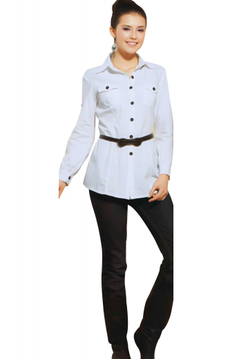Boasting a regal ainsley collar, 2.Â¾ inches high on the front and 1.Â¼ inches wide on the back, these casual white shirts are perfect for fashionable women. With six contrast front buttons to close, these summer ready handmade shirts put to display two box pleated upper pockets with flaps and buttons. Cut and sewn in a yoke neck pattern, you can order these custom shirts in easy use fabrics.