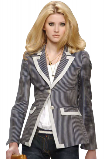 With contrast piping all along the collar lapels, pockets and the front edges, these classy custom-made formal jackets put to view satin covered peak collar lapels, rolled over to the first button, one square upper pocket with detailed patchwork and two lower pockets with satin covered flaps sporting impressive patch work. These hip length striped jackets have two front buttons for closure. With a center vent, surgeons sleeves and squared bottoms, you can customize these jackets in wool and or cotton.