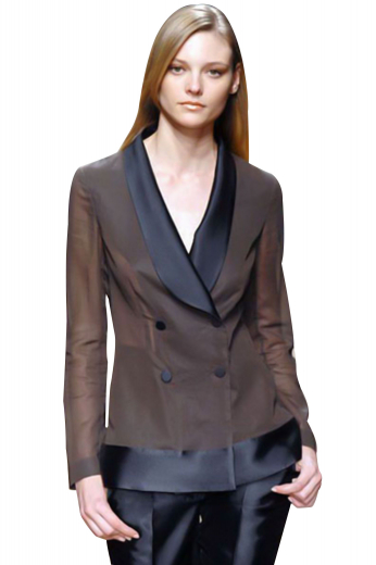 Trending, these beautiful formal blazers put to show four contrast front buttons, two to close and shawl collar lapels with contrast satin on the front. These hip length handmade jackets with squared bottoms display figure flattering slim cut and can be ordered in wrinkle free fabrics.