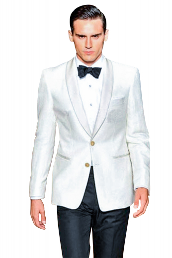 A slim cut two button suit jacket with a tapered waist paired with stunning high waisted tuxedo style suit pants. This suit is great for parties in the summer.