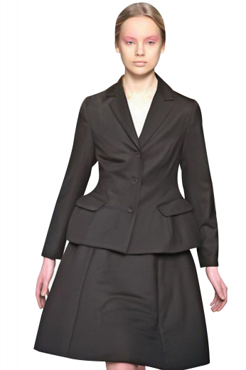 Made with wool, these black skirt suits incorporate short length jackets and custom-made suit skirts. Jackets sport three front buttons, slim ruled notch lapels and two lower pockets with flaps. The 6 panel skirts, ending just above the knees, have flat fronts and concealed side zipper closure.
