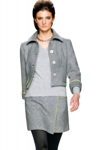 Comfortable skirt suits with short length jackets and A line skirts. The jackets, with Hawaii collar, turned up cuffs on the sleeves and four front closure buttons, are ideal for graduation parties and formal work events. Casual custom skirts with full pleats are perfect regular office wears for fashionistas.