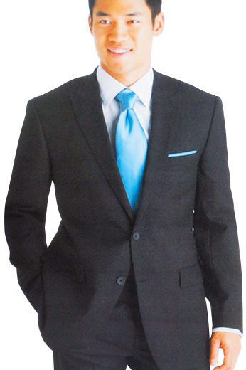 A skillfully bespoke men's single breasted two button suit jacket with high peak lapels matched elegantly with a pair of custom tailored slim fit flat front suit pants.