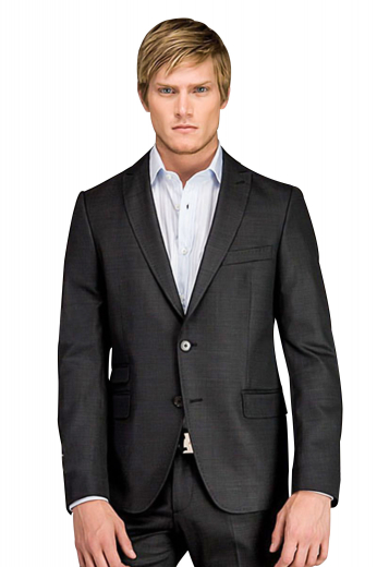 A bespoke single breasted two button suit jacket with pressed high peak lapels with a tapered waist, paired with a slim fit low waisted flat front tailored suit pants.