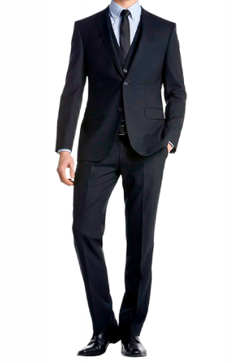 A made to measure three-piece suit made for the classy man. A slim cut v-neck five button suit vest is paired with flat front slim fit suit pants, completed by a single breasted two button suit jacket.