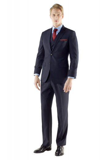 This custom made suit features a slim cut, versatile two button fit, flap pockets, notch lapel, and a lightly padded shoulder for a sharp, well-defined appeal with single small reverse pleat and urban styled three button double breasted waistcoat.