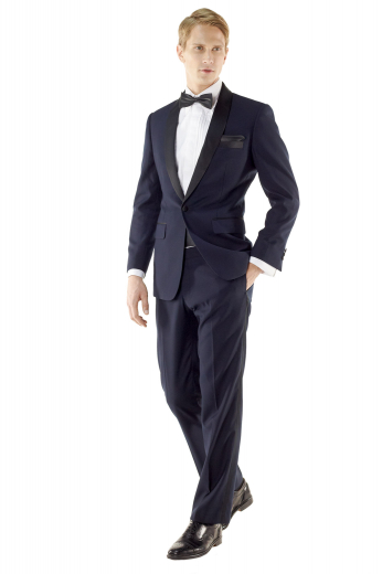 With refined features like a soft shoulder, sous bras, and shawl collar, this classic James bond style midnight blue tuxedo helps you get ready at a moment's notice for any formal affair. 