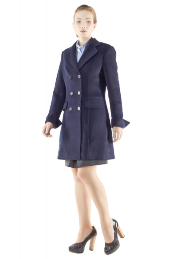 Knee length double breasted overcoats for winter season. Navy blue and handmade, these formal coats incorporate sleeves with folded cuffs, two lower flapped pockets and six front buttons, three to close. Can be worn with custom-made skirt suits for a stylish formal look.