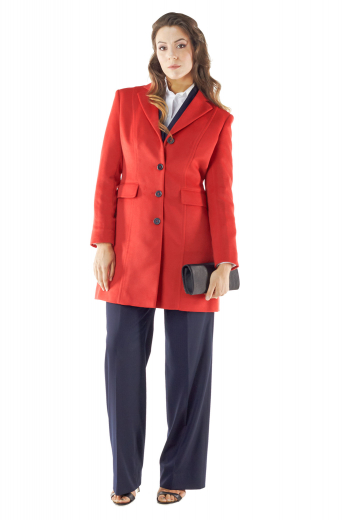 With a center vent on the back, these red winter overcoats are ideal formal wears for classy women. They display impressive front and back darts from shoulder seam to hems. Two fapped lower pockets and four front buttons make these handmade coats comfortable for all day use.