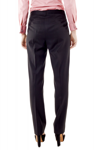 Splendid full length black pants with front slash pockets and ravishing reverse double pleats. Give a mesmerising casual office look with custom shirts and vests. Have-on-show two buttons on the waistband and a front zipper for easy closure. With beautifully done hems and cuffs, these bespoke formal pants can be ordered in wool and or cashmere.