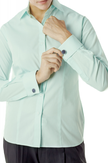 Snug cut handmade cotton shirts with buttoned square edged French cuffs. Super light with made to measure Ainsley collars and front close buttons for maximum comfort. Don these tailored light green shirts with slim custom pants for a sexy office look.