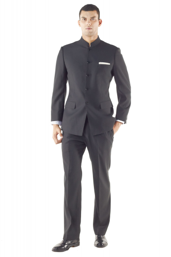 Black Mandarin Collar Style Custom Suit with Flat Front Pants in Wrinkle Free Wool Blend Custom Made with elegant cut & style. This bespoke and custom-made Nehru collar men's suit is a perfect option for just about any occasion. This tailor-made versatile five-button suit features bespoke flap pockets, Nehru collar, welted breast pocket with plain front pants.