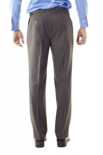 A wool and cashmere pair of 1/4 inch pinstripe made to measure pants in a loose fit for your comfort, these single standard reverse pleat pants come in a great dark oxford grey color that is quite flattering.