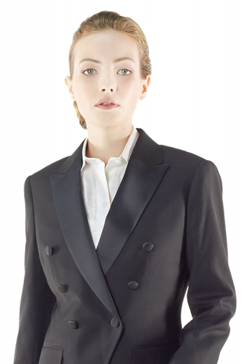 Classy black made to measure tuxedo jackets handmade with wool and/or cashmere. These tailor made double breasted tux jackets boast six fabric covered front buttons, one to close. They flash satin facing peak lapels, V cut bottoms, custom made flapped lower pockets and hand molded shoulders.