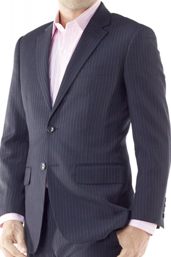 A cashmere tailor made men's suit jacket made with classic pinstripes, this stunning made to order suit jacket has standard cut for comfort with a custom made two-button straight-edged notch lapel design and tailor made standard welt pocket. 