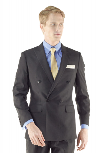 A handmade men's double breasted four-button dress jacket with custom tailored one closure button and made to order rolled peak lapels hand sewn to perfection for the successful man.