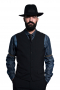 A custom tailored v-neck slim fit high gorge vest with no lapels, five custom made buttons, and a made to order adjustable back buckle. This Italian wool-blend vest is finished off by a tailor made narrow v-front.