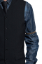 A custom tailored v-neck slim fit high gorge vest with no lapels, five custom made buttons, and a made to order adjustable back buckle. This Italian wool-blend vest is finished off by a tailor made narrow v-front.