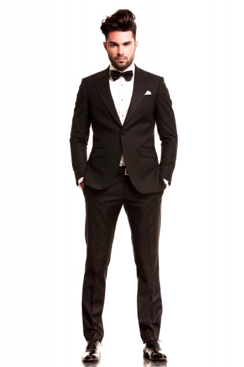 A hand-tailored men's bird’s eye English wool and cashmere blend dinner suit made up of a tailor made slim cut single breasted one button bespoke suit jacket with handmade wide peak lapels, paired with sophisticated custom made low waisted flat front pants.