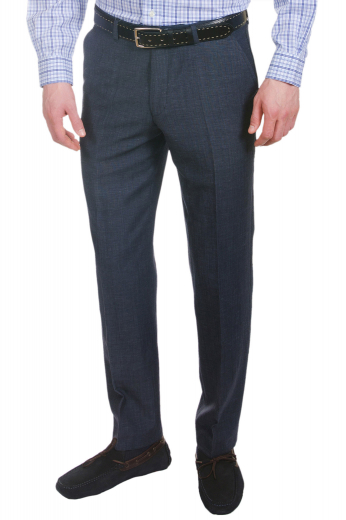 A tailor made Italian wool, cashmere, and gabardine blend light navy dress pants with a flat front design. These great custom made pants have handmade front slash pockets and tailored hand sewn cuff hems.