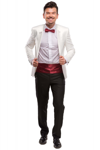 A pair of men's tailor made slim fit flat front suit pants with handmade on-seam pockets, elegantly paired with a single breasted tailored one button suit jacket with notch lapels and a made to measure low gorge.