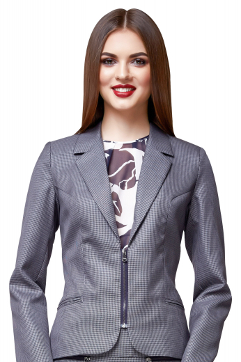 Bespoke dark gray skirt suits with super stylish jackets displaying zipper front closure, neatly double piped lower pockets and notch lapels, and knee length skirts with wide waistband and concealed back zipper aligned with center back vent.