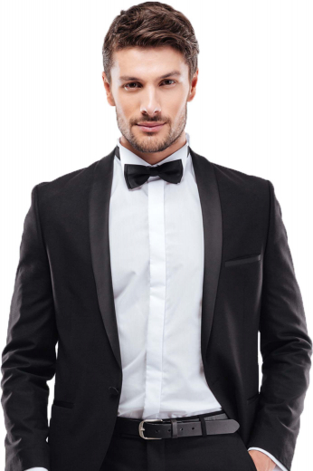 A tailor-made classic tuxedo skillfully tailored for dinner parties and special functions. This men's tux is made up of a pair of slim fit flat front pants, completed by a single breasted one button suit jacket.