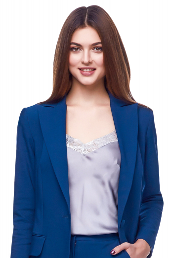 This stunning womens bespoke royal blue cashmere wool jacket has a single breasted style with 1 front close button. This womens custom made standard length jacket also features 4 inch wide lapels and 2 elegant lower pockets with flaps. You can buy this womens handmade royal blue jacket at My Custom Tailor at super affordable rates to get a hang of luxury like never before.  