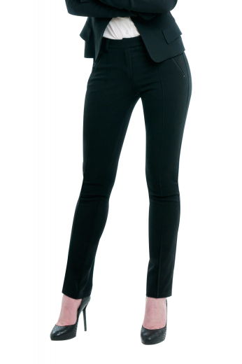 These womens handmade black dress pants in wool are stunning pieces of corporate excellence by My Custom Tailor. These affordable womens custom made slim fit dress pants feature an extended waistband with a button, a zipper fly, and comfortable belt loops. These womens tailor made black suit pants also feature hand sewn cuff hems, a flat front, and 2 double piped lower pockets. You can wear these womens bespoke wool suit pants with womens slim fit blazers and make a trendy office appearance like never before.