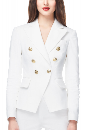 With elegantly hand moulded shoulders and a princess dart front, this womens tailor made cashmere wool white jacket is a stunning formal that can be worn to meetings and interviews. This womens custom made slim fit jacket has 2 peak lapels, 1 upper welt pocket, and 2 lower pockets with flaps. This womens handmade double breasted jacket has 6 golden front buttons with 1 to close. You can buy this womens tailor made white wool blazer at My Custom Tailor to upgrade your wardrobe of premium handmade work wear. 