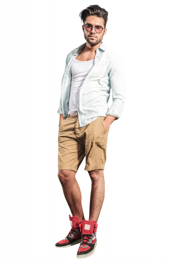 These mens made to order khaki golf shorts in cotton are perfect for men who like style as much as comfort. These mens custom made low rise shorts have a flat front and a zipper fly. With comfortable belt loops, 2 front slash pockets, and 2 back pockets, these mens handmade slim fit khaki shorts also feature 2 1.5 inch wide turned-up cuffs. You can buy these mens bespoke cotton summer shorts at My Custom Tailor to sport a casual look. 