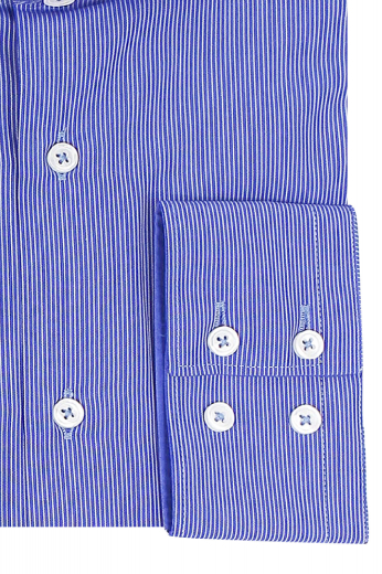 You're all set to experience a visual treat with this mens bespoke striped blue business shirt in Supima cotton. Coming from the latest range of luxurious handmade garments at My Custom Tailor, you can buy this mens handmade striped blue cotton dress shirt at affordable rates. This mens handmade striped blue dress shirt features a full spread collar with 3 inch collar points and squared and 2 buttoned barrel cuffs. Roll in luxury by wearing this mens custom made cotton dress shirt to flaunt a corporate look like never before.