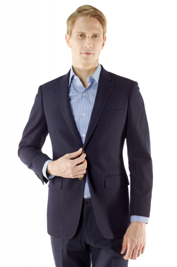 Get ready to experience true luxury with this mens bespoke dark blue blazer in Italian wool from the latest range of handmade garments at My Custom Tailor. With 2 contrast color front buttons, 2 notch lapels with 1 boutonniere on the left lapel, and a center vent, this mens custom made Italian wool blazer also features 1 upper welt pocket and 2 lower pockets with flaps. You can wear this mens tailor made dark blue blazer with mens handmade business shirts and mens bespoke dress pants for a classic corporate touch.