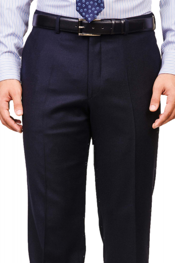 These iconic mens handmade dark blue formal pants in 180s wool are perfect daily wear slacks with a comfortable finish. With 2 on-seam vertical pockets and 2 back pockets, these mens bespoke wool dress pants feature an iconic pattern of hand sewn cuffs hems at the bottom, extended belt loops, a 2 point button and hook closure, and a zipper fly. You can buy these mens made to order dark blue dress pants at My Custom Tailor at affordable rates.