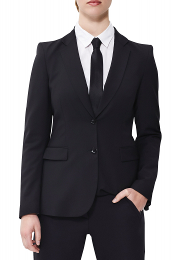 Stylish womens handmade black pant suit in English wool. Ideal for office and board meetings. Handmade at My Custom tailor. With a slim cut style, this womens bespoke English wool pant suit features a handmade slim fit jacket and custom made dress pants. The womens bespoke jacket features 2 front close buttons, 2 3-inch-wide notch lapels, and 2 lower flapped pockets. The womens custom made suit pants have 2 front slash pockets, 2 back pockets, a 2 point button and hook closure, and a zipper fly. 