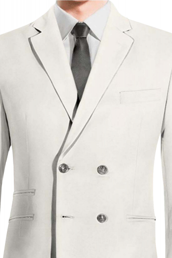 This mens handmade double breasted ivory suit in wool features a bespoke slim fit jacket and handmade flat front pants. The mens tailor made double breasted jacket has 4 front buttons, 2 to close, 2 double piped lower pockets, 1 double piped ticket pocket on the left, 1 upper welt pocket, and 2 notch lapels. The mens custom made slim fit dress pants have 2 front slash pockets, 2 back pockets, and a 2 point button and hook for closure. Buy this mens bespoke wool suit at My Custom tailor for a luxurious feel. 