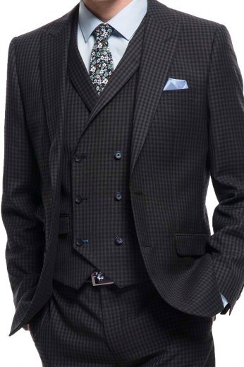Mens handmade black 3pc wool suit with stunning checks. Features a tailor made double breasted vest with 6 front buttons, 3 to close, a custom made jacket with peak lapels and a center vent, and bespoke slim fit dress pants with hand sewn cuff hems. The mens bespoke slim fit vest has a shawl collar and a cloth back with an adjustable buckle. The mens custom made dinner jacket has 2 boutonnieres on the left lapel. And, the mens bespoke grey dinner pants have a zip fly. Buy this mens bespoke 3 piece plaid suit at My Custom Tailor.
