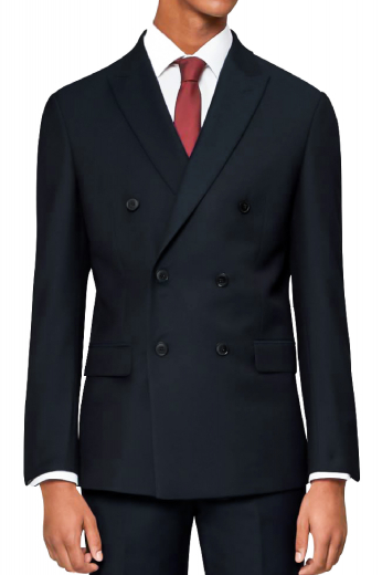 Mens handmade cashmere wool double breasted suit in navy blue. Features bespoke dress pants with 2 front slash pockets and 2 back pockets and a handmade slim fit jacket with a center vent. The mens custom made jacket also has 6 front buttons with 2 to close, 2 peak lapels with 1 boutonniere on the left lapel, 1 upper welt pocket, and 2 lower flapped pockets. The mens bespoke slim fit dress pants feature extended belt loops, a 2 point button and hook closure, and a zip fly. Buy at My Custom Tailor for a classy work look.