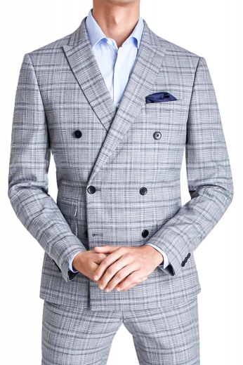 Mens handmade light grey slim fit suit in 150s wool with stunning windowpane checks. Presented by My Custom Tailor. This mens custom made double breasted suit comprises a bespoke slim fit jacket with 2 slim ruled peak lapels and tailor made dress pants with a 2 point button and hook closure. The mens bespoke double breasted jacket has 6 black front buttons with 2 to close, 1 boutonniere on the left lapel, and a special hand sewn buttoned flap ticket pocket on the right. The mens bespoke slim fit dress pants have a zip fly.