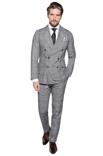 This stunning mens handmade dark grey plaid suit in cashmere wool by My Custom Tailor is an absolute win for formal events and board meetings. This mens made to order two piece suit features a bespoke slim fit double breasted jacket with 6 front buttons, 2 to close and custom made dress pants with 2 front slash pockets. The mens tailor made suit jacket features 2 stunning peak lapels, 2 lower flapped pockets, and 1 upper welt pocket. The mens bespoke slim fit plaid pants feature a 2 point button and hook closure and a zip fly.