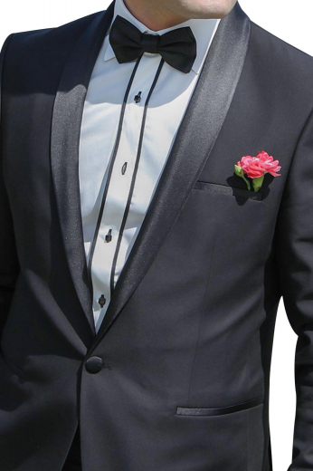Mens handmade cashmere wool black tuxedo for weddings and corporate events. Features a mens custom made slim fit tuxedo jacket and mens handmade suit pants with extended belt loops. The mens made to order dinner jacket has an elegant shawl collar with satin-facing lapels, 1 exquisite fabric covered button for front closure, an upper welt pocket, and 2 lower flapped pockets. The mens bespoke slim fit dress pants have 2 front slash pockets, 2 back pockets, a 2 point button and hook closure, and a zip fly. 