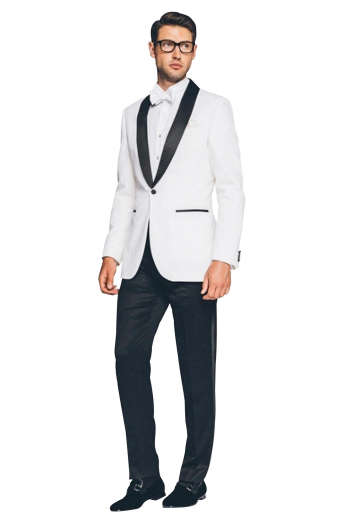 Mens handmade white tuxedo in alpaca wool. Features a mens tailor made tuxedo jacket and mens bespoke slim fit suit pants. The mens tailor made slim fit dinner jacket features a shawl collar with 2 satin-facing rolled lapels, 1 fabric-covered front close button, 2 double piped lower pockets, and 1 upper welt pocket. The mens handmade dress pants feature a zipper fly, a 2 point button and hook closure, 2 front slash pockets, and 2 back pockets. Buy this mens tailor made tux at My Custom Tailor at affordable rates.