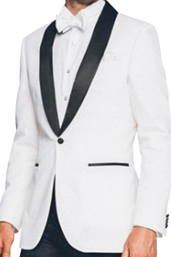 Mens handmade white tuxedo in alpaca wool. Features a mens tailor made tuxedo jacket and mens bespoke slim fit suit pants. The mens tailor made slim fit dinner jacket features a shawl collar with 2 satin-facing rolled lapels, 1 fabric-covered front close button, 2 double piped lower pockets, and 1 upper welt pocket. The mens handmade dress pants feature a zipper fly, a 2 point button and hook closure, 2 front slash pockets, and 2 back pockets. Buy this mens tailor made tux at My Custom Tailor at affordable rates.