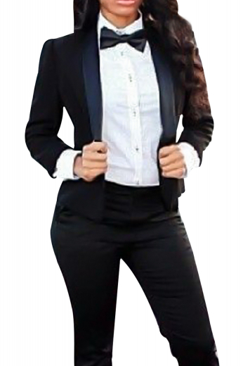Style no.16128 - Get party-ready with this stunning womens tailor made slim fit wool black tuxedo, featuring a womens handmade short length tuxedo jacket and womens tailor made slim fit suit pants. The womens handmade black tux jacket has a single breasted style, a shawl collar with satin-facings lapels, and a classic medium gorge. The womens handmade dress pants have flat fronts with a zipper fly for front closure. Buy this trendy womens tailor made wool tuxedo at My Custom Tailor and get ready for weddings and corporate events in no time. 