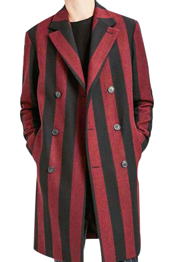 This mens handmade cashmere wool overcoat displays a stunning long stripes pattern in black and red. This mens tailor made slim fit topcoat has a stunning double breasted pattern with 6 front buttons, 3 to close. With 2 neatly rolled 3-inch-wide notch lapels and 2 slanted lower pockets on the front, this mens made to order double breasted overcoat ends just above the knees. Buy this handsome mens handmade topcoat at My Custom Tailor to stay warm and cozy without giving up on style this season.