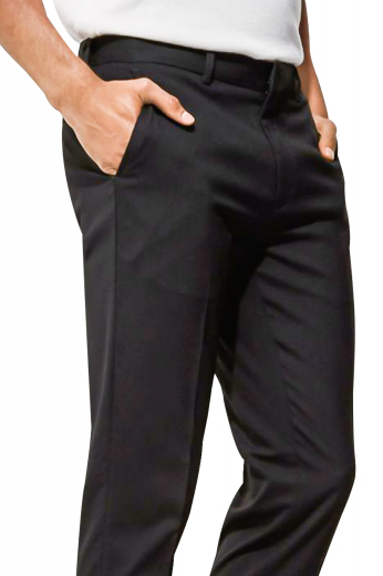 Mens handmade wool blend black dress pants. Fabricated for interviews, meetings, and corporate events. Designed by skilled tailors at My Custom Tailor, these mens made to order slim fit suit pants have extended belt loops, a two point hook and button closure, and a zipper fly. These iconic mens tailor made slacks have a crisp flat front with 2 front slash pockets and 2 elegantly hand sewn back pockets. Wear these stylish mens tailor made suit pants with mens handmade slim fit shirts to look every bit handsome from head to toe.