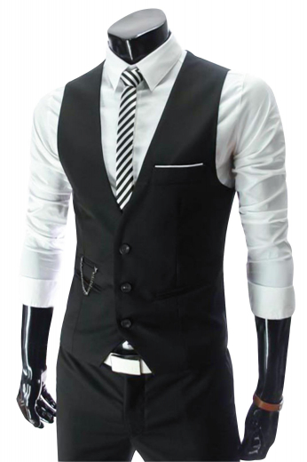 Stellar mens tailor made black vest in cashmere wool. A perfect mens handmade wool vest for corporate meetings, interviews, and formal events. This Uber trendy mens bespoke black vest has a stunning slim cut fitting thatâ€™s festooned with 3 front close buttons, an upper welt pocket on the left, 2 hand stitched lower piped pockets, and 1 deftly piped ticket pocket. With a single breasted pattern and a V-neck style, this mens custom made waistcoat can be purchased at My Custom Tailor at unbelievable low prices. 