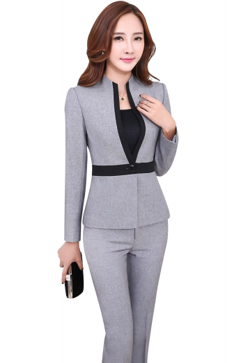 This womens custom made light grey pant suit in Sea Island Cotton is an ideal choice for classy women who like to keep things stylish at work. It has a beautiful full-length bespoke suit pants and a single breasted suit jacket. The womens tailor made suit pants have standard belt loops with a comfortable two point button and hook closure. The elegant womens bespoke slim fit jacket features an iconic standup collar with black satin-lined edges and a black front closure button for grace and comfort like never before.